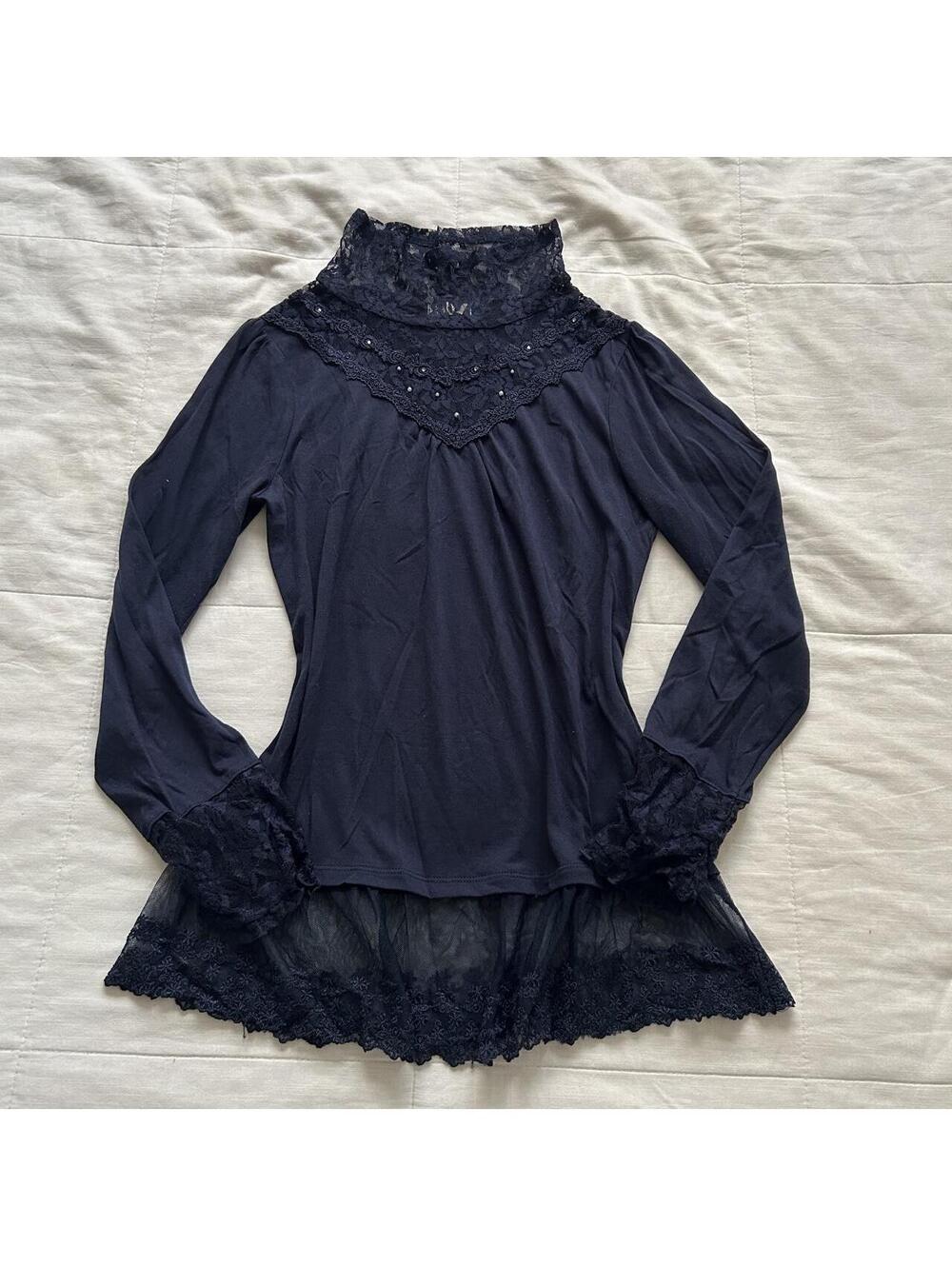 Axes Femme Navy Blue High Neck Lace Pearl Long Sleeve Top M Japan